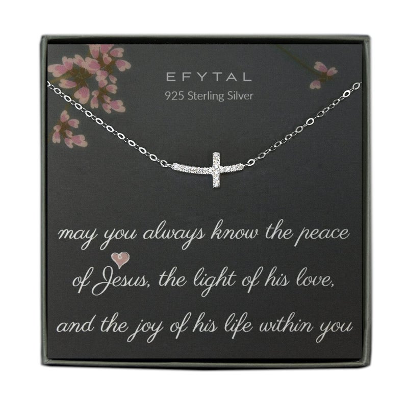 EFYTAL Baptism Gifts for Girl, Dainty Sterling Silver Sideways Cross Necklace for Women, Religious Gifts for Women, First Communion for Girls or Teen, Kids Cross Necklace 8-12, Christian Jewelry - Image 1